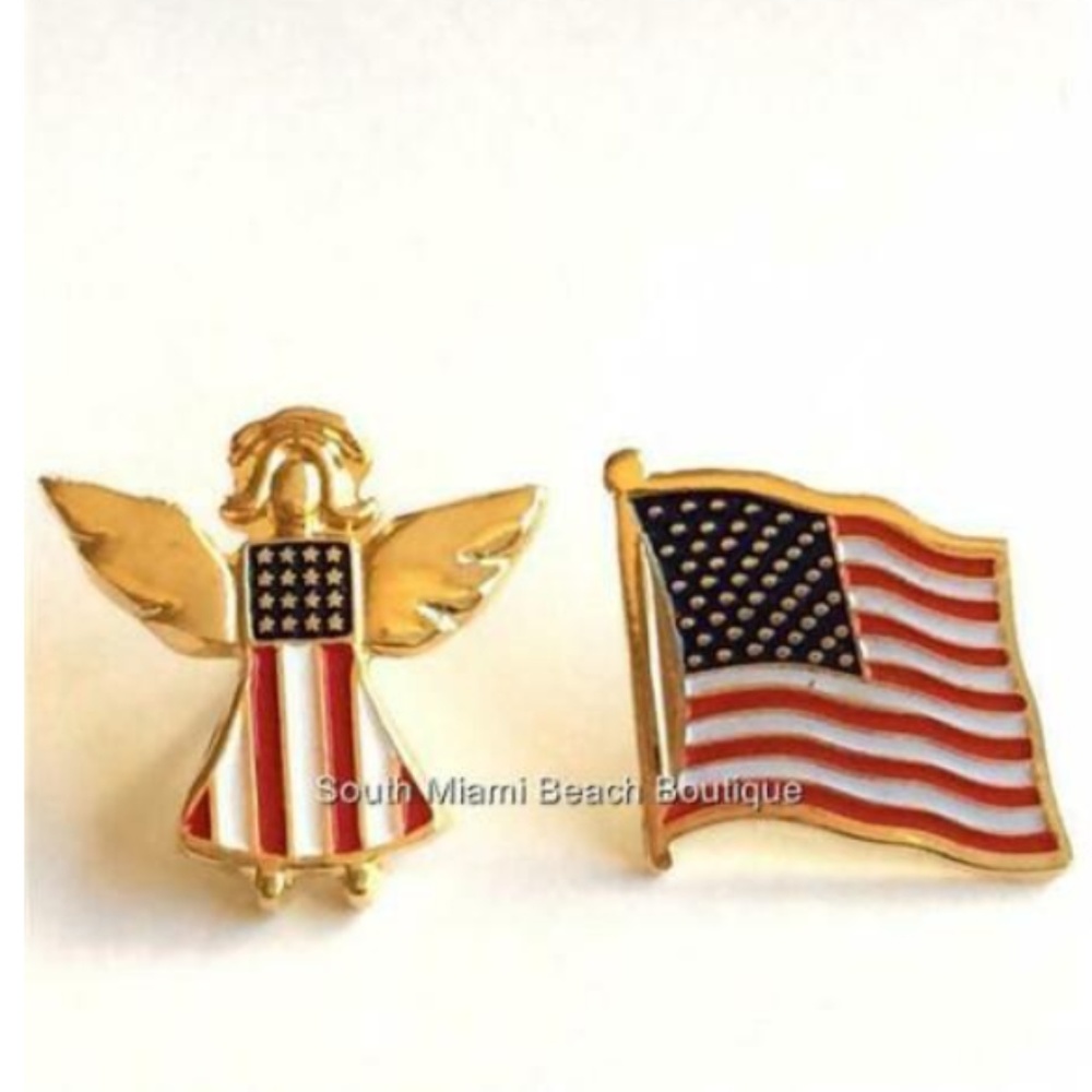 US USA American Flag Angel Pin Brooch Set